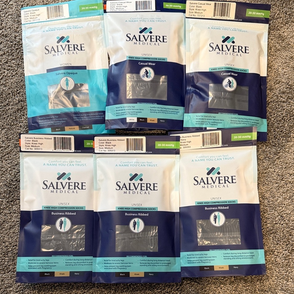 Salvere Medical unisex knee high compression socks. 6 pairs.
